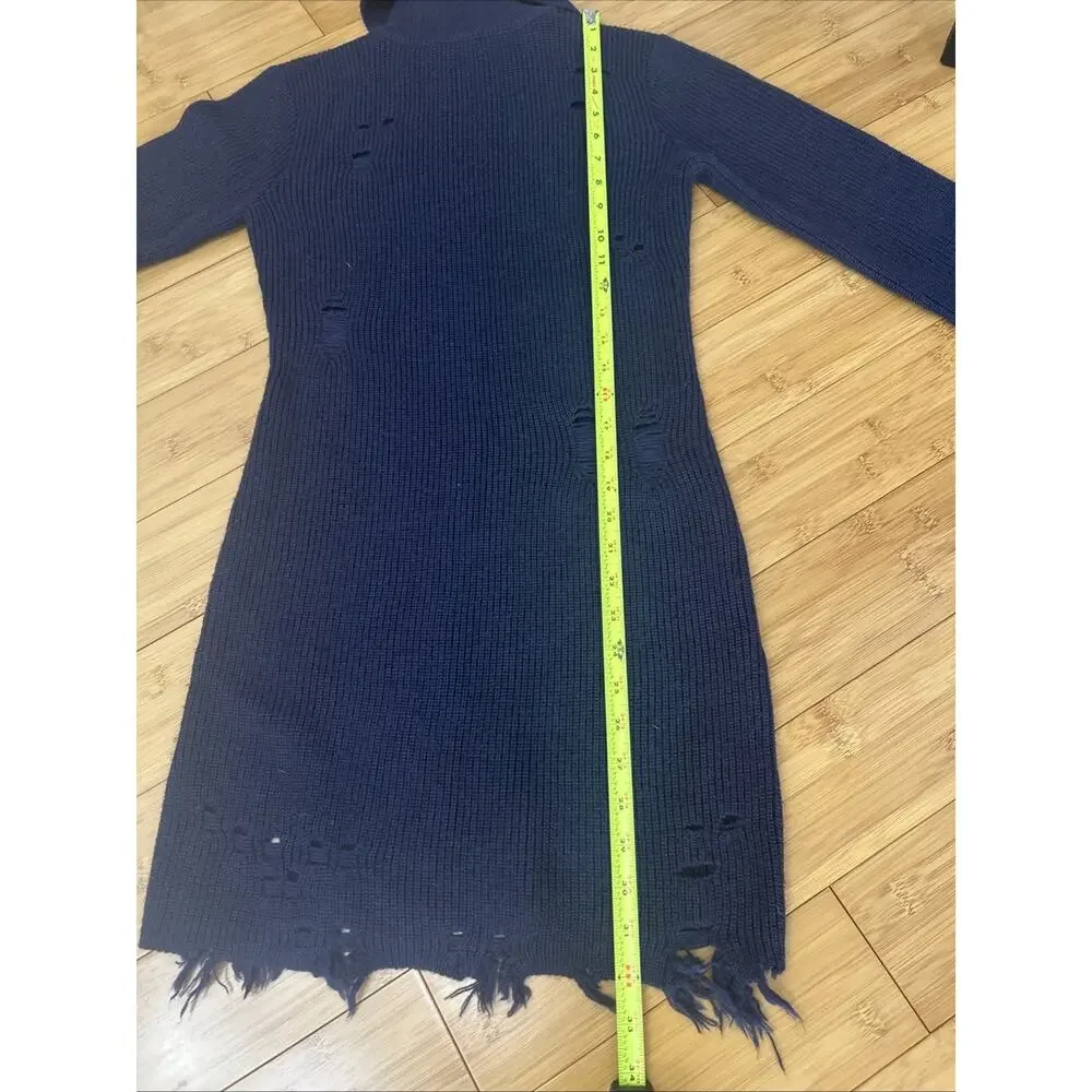 NWT Lovers + Friends Revolve Distressed Turtleneck Wool Blend Knit Dress Navy SM
